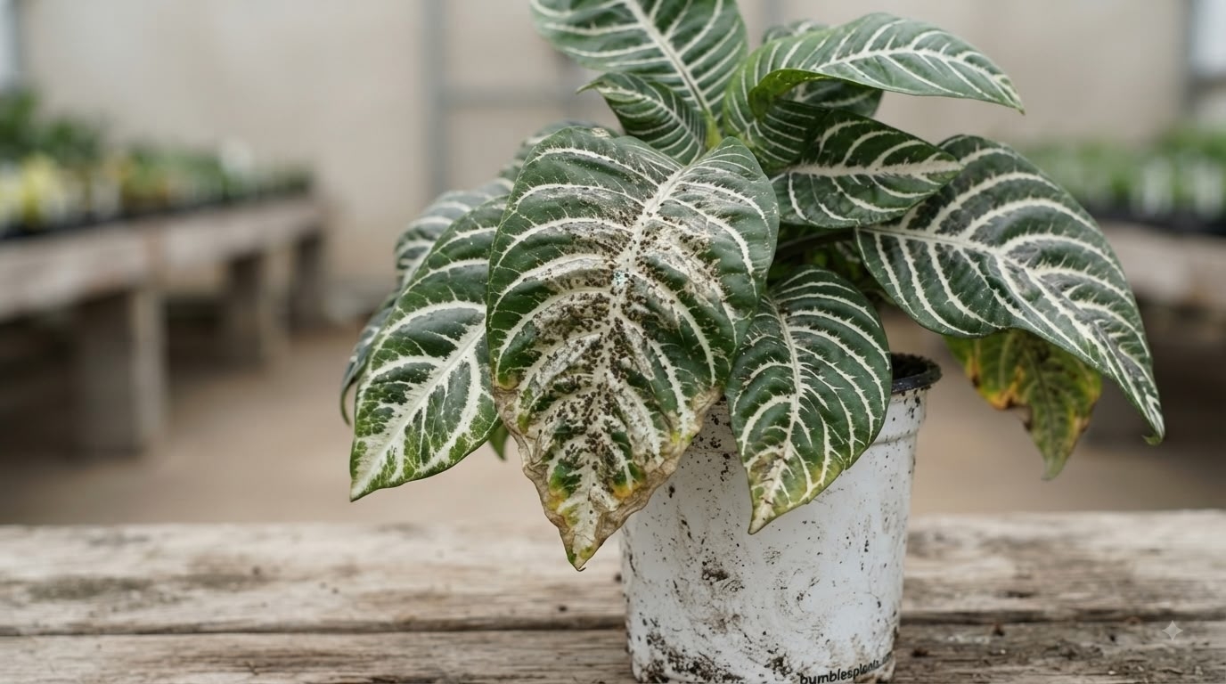 Zebra plant with dense spider mite webbing across leaves in a dirty nursery pot — classic sign of severe infestation