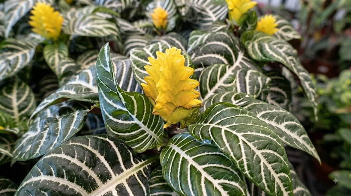 Multiple Aphelandra squarrosa plants in full bloom with bright yellow flower bracts rising above the striped foliage