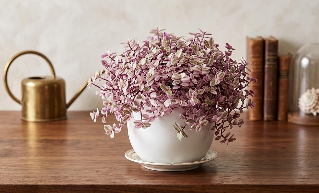 pink and purple wandering dude Tradescantia Nanouk bushy in white bowl with brass watering can