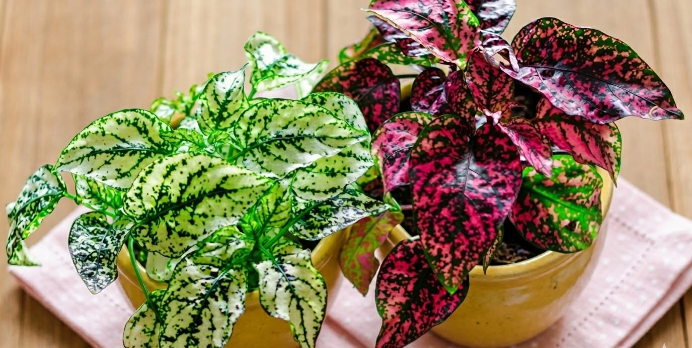 Two polka dot plant varieties in yellow pots — white-splashed green leaves on the left, deep pink-red on the right