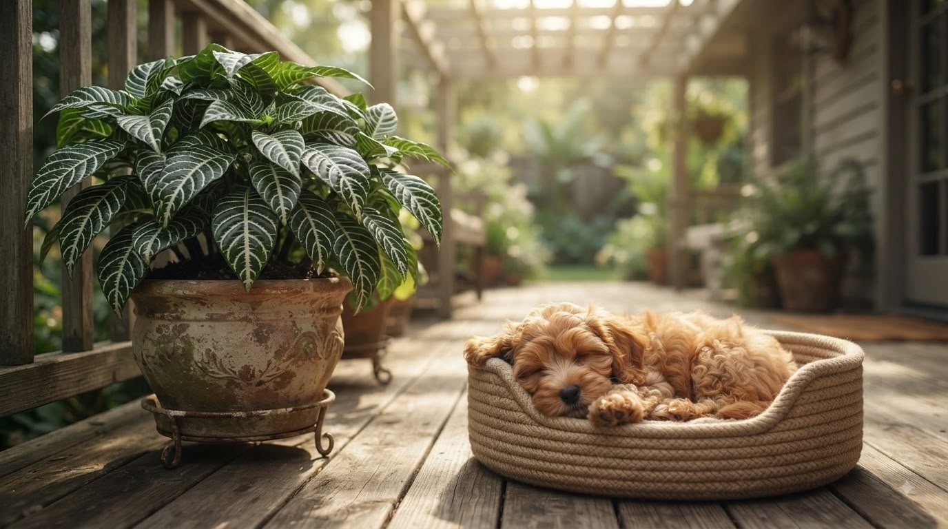 Small fluffy dog sleeping in a basket beside a large Aphelandra squarrosa zebra plant on a sunny porch