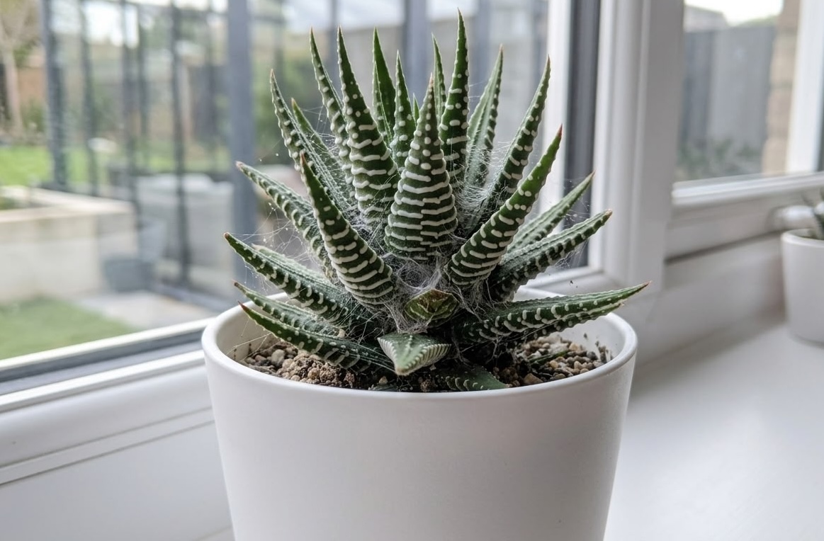 Haworthia fasciata zebra succulent with visible spider mite webbing between the leaves on a white windowsill