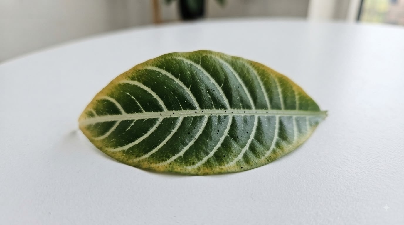 Zebra plant leaf showing yellowing and dark spots from fungal disease or overwatering root damage