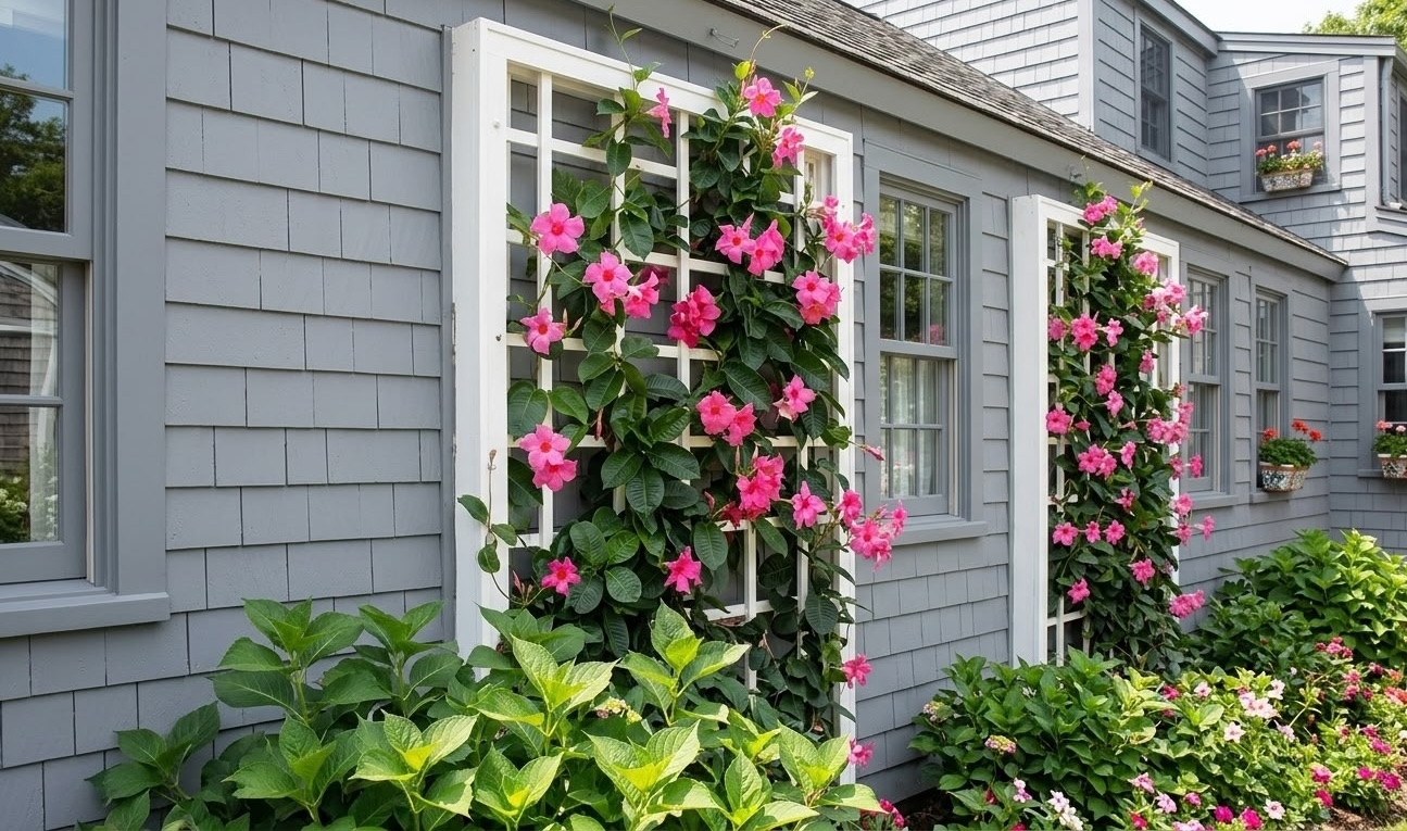 mandevilla vine climbing white trellis on gray shingled house exterior