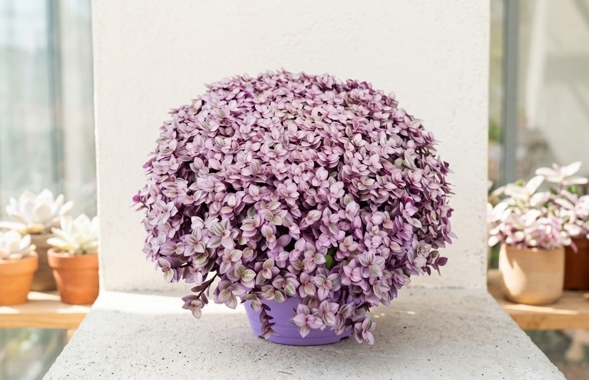 perfectly bushy dome-shaped wandering dude plant in purple pot showing ideal pruned shape