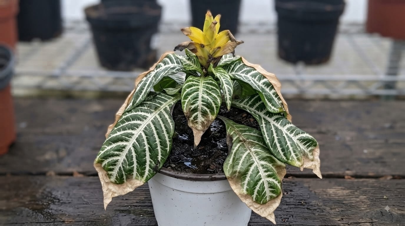 Zebra plant with severely drooping brown-edged leaves drooping from overwatering, with a fading yellow flower bract