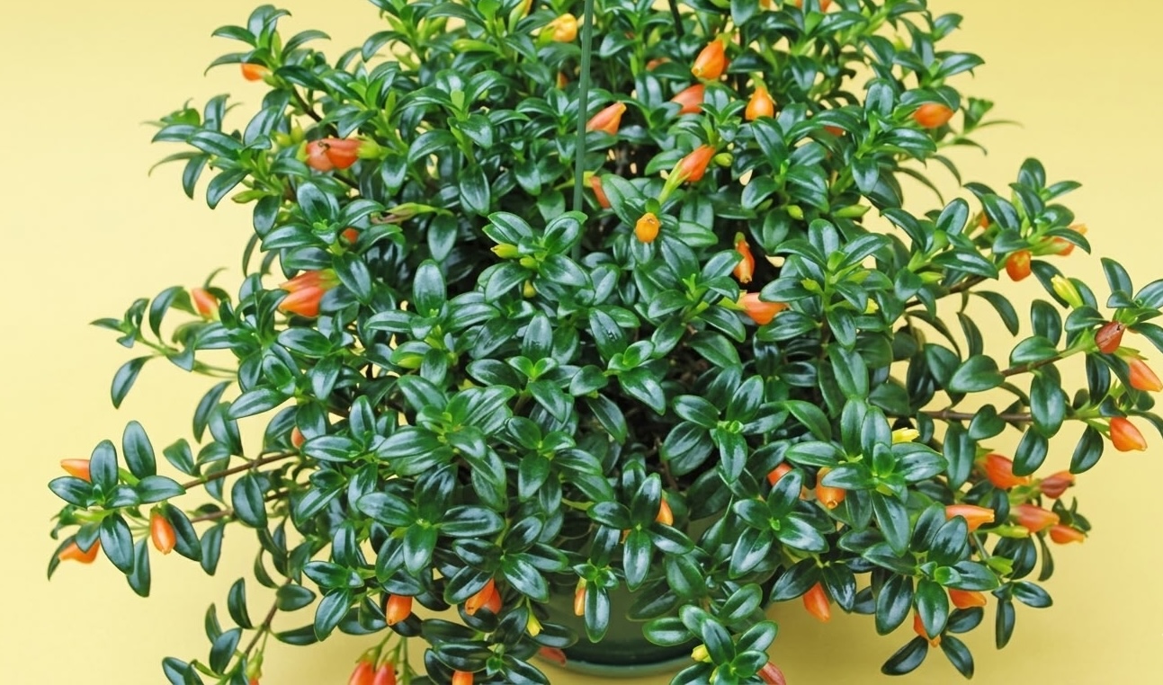 compact goldfish plant Nematanthus gregarius with orange flowers in a bushy form