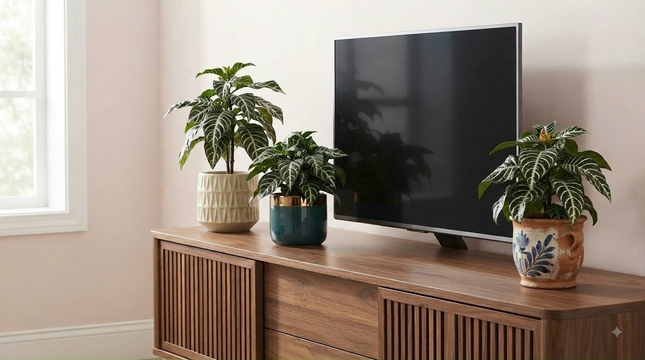 Three Aphelandra squarrosa zebra plants in different sized pots displayed on a wooden TV stand indoors