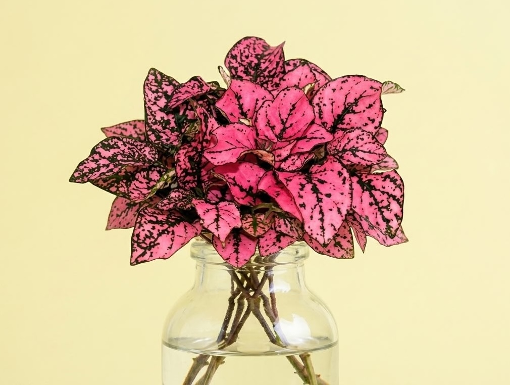 Pink polka dot plant cuttings with visible roots propagating in a glass vase filled with water