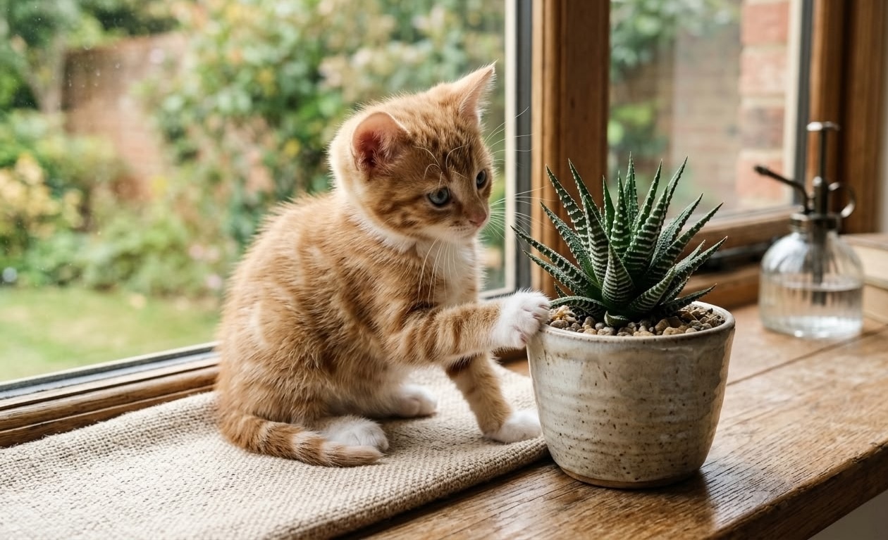 Orange kitten reaching toward a Haworthia zebra succulent on a sunny windowsill — both zebra plant types are safe for cats