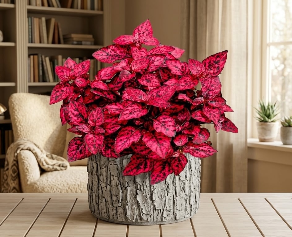 Red and pink polka dot plant (Hypoestes phyllostachya) in a textured bark pot on a wooden table indoors