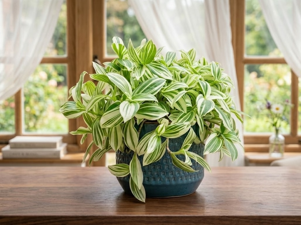 green and white wandering dude tradescantia in blue ceramic pot near bright window with white curtains