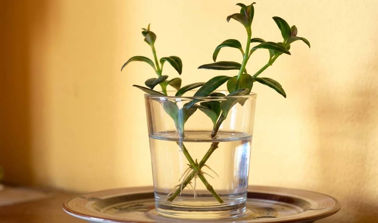 goldfish plant in a white ceramic pot in a bright living room safe for pets