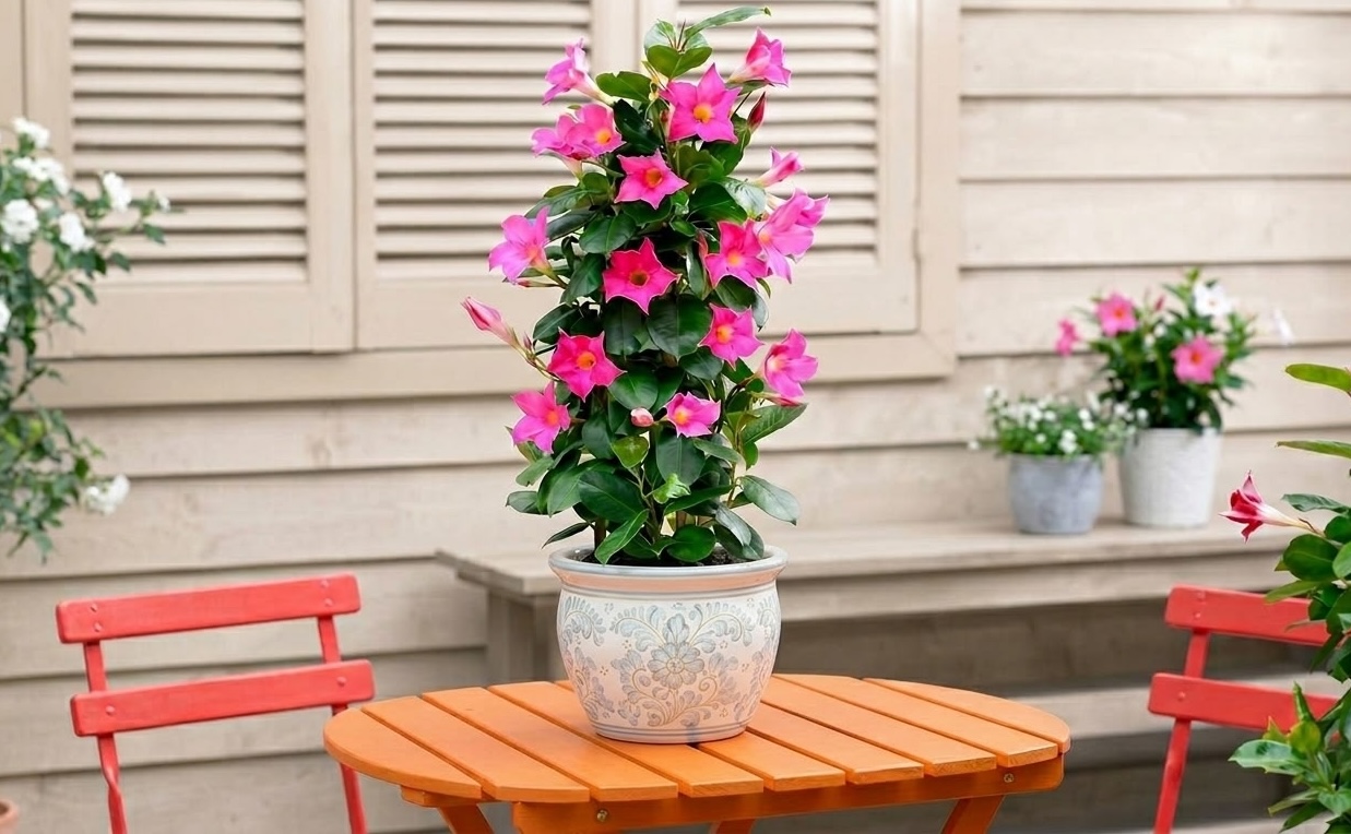 pink dipladenia in decorative ceramic pot on wooden bistro table outdoors