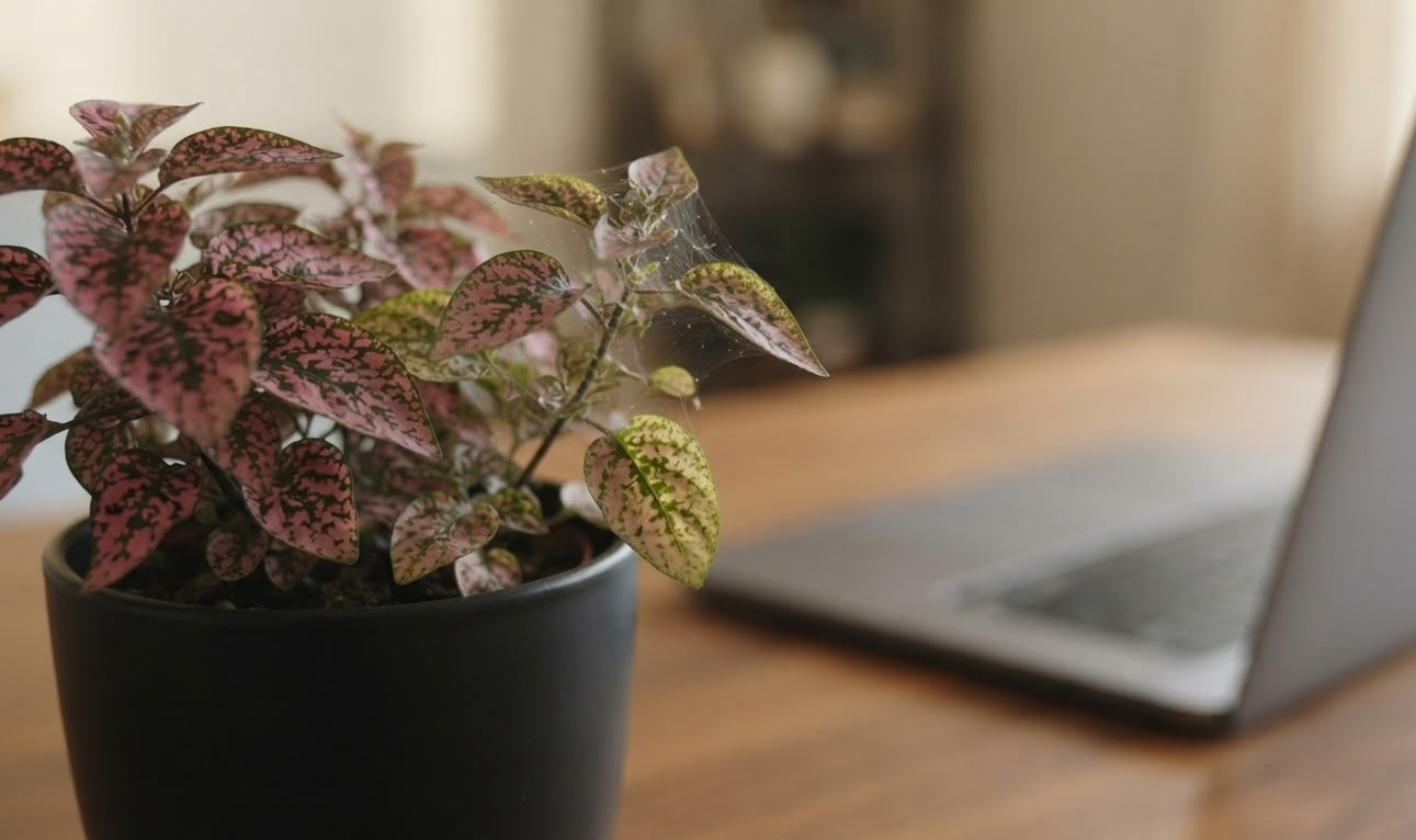 Polka dot plant with spider mite webbing visible on leaves — a common indoor plant pest