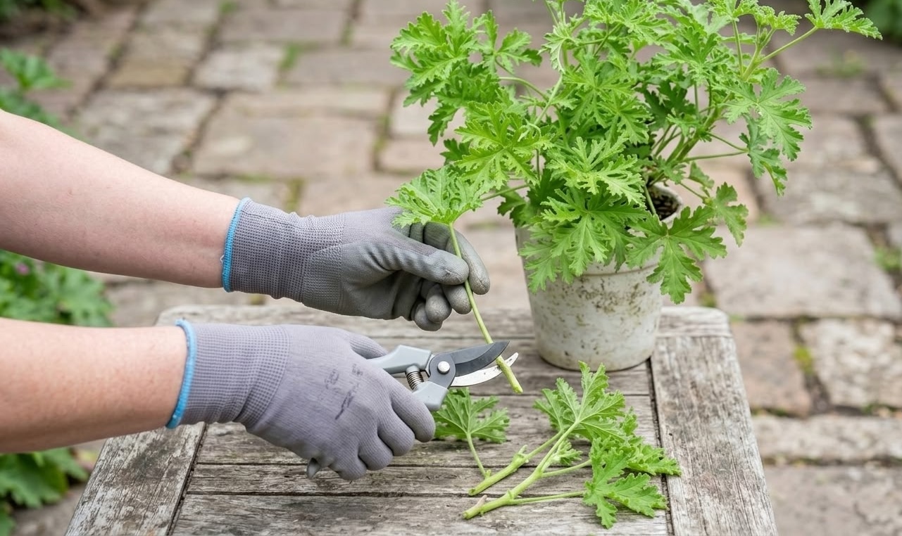 Hands wearing garden gloves pruning a citronella plant with secateurs on a wooden outdoor table