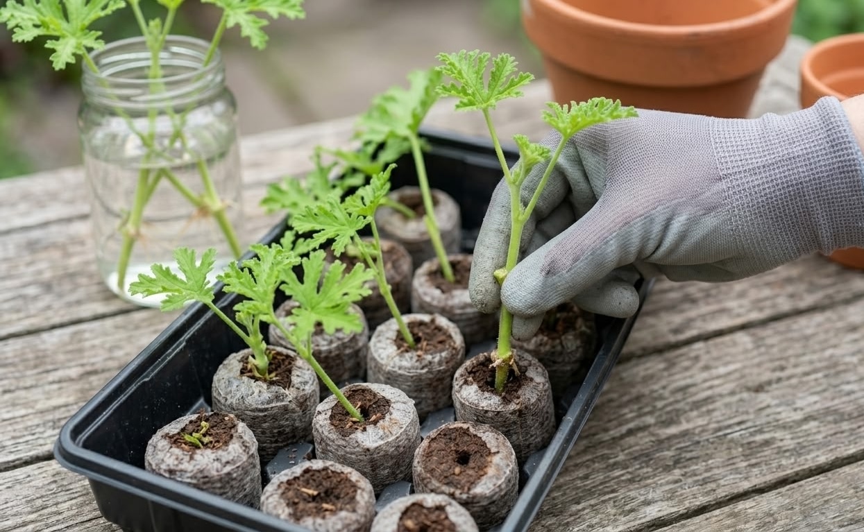 Citronella plant stem cuttings planted in peat pellets in a propagation tray — stem cutting in soil method