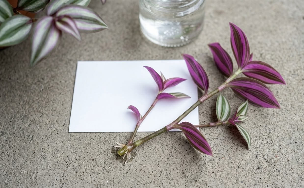 tradescantia zebrina stem cuttings prepared for soil propagation on white background with jar