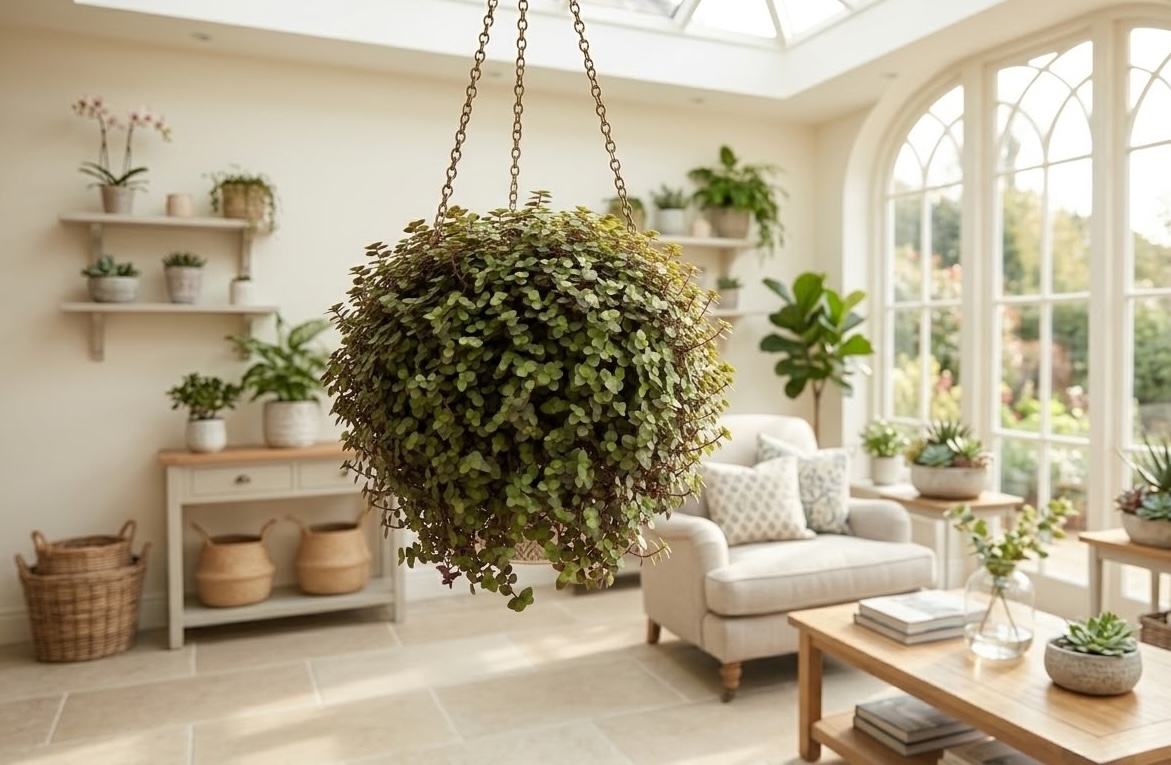 large wandering dude plant in hanging basket trailing in bright sunroom with arched windows