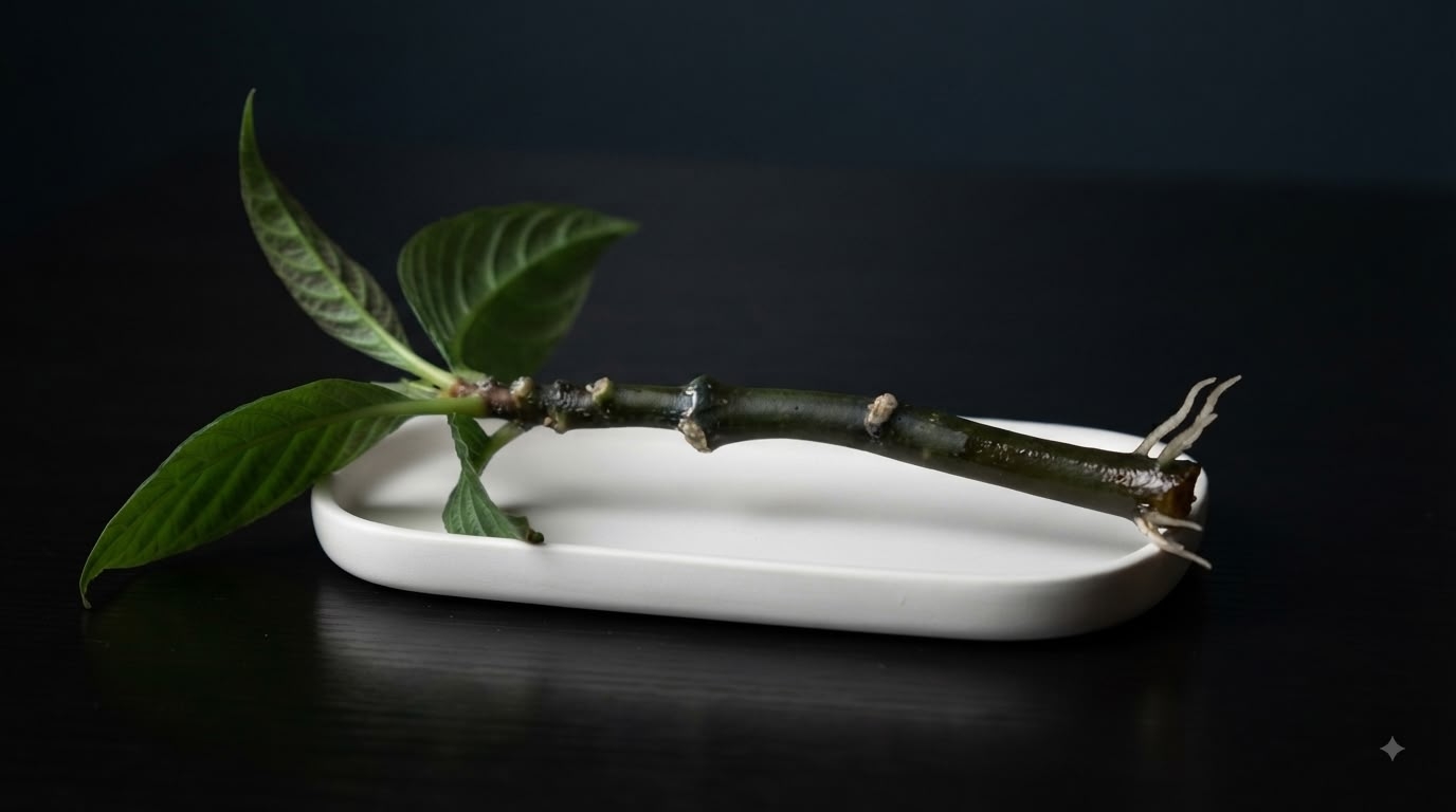 Aphelandra squarrosa stem cutting with small visible roots propagating in a white ceramic dish on a dark surface