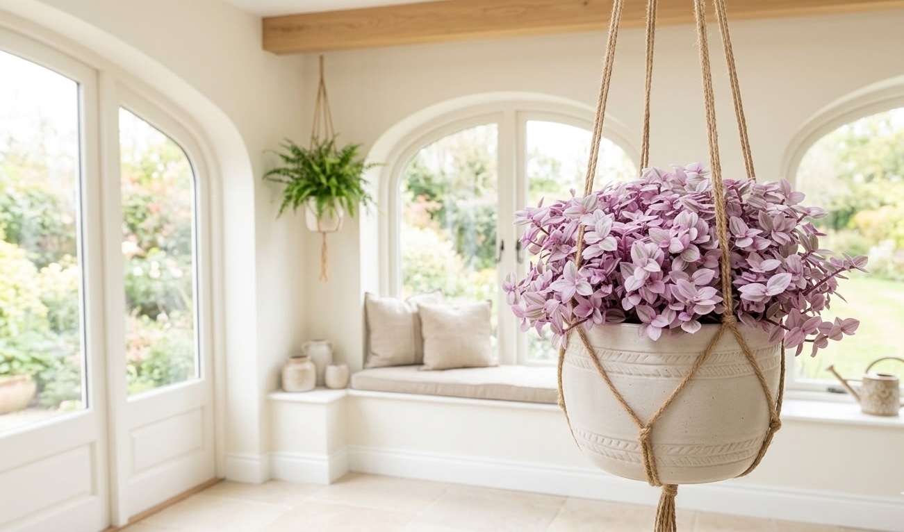 pink wandering dude plant in macrame hanging pot near arched white windows