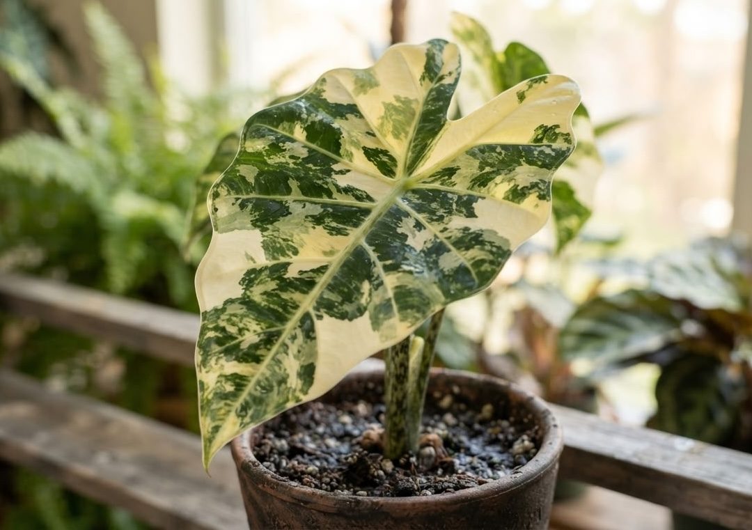 Variegated Alocasia macrorrhiza with a large green and cream leaf in a terracotta pot