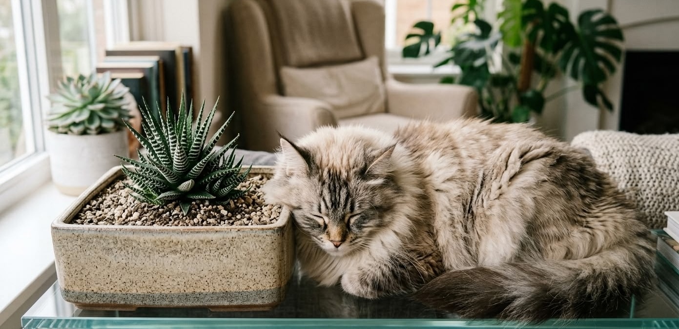 Fluffy cat sleeping peacefully next to haworthia fasciata in ceramic pot
