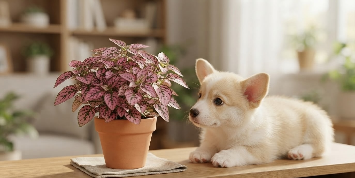 Corgi puppy sniffing a pink polka dot plant on a wooden table — polka dot plant is non-toxic to dogs