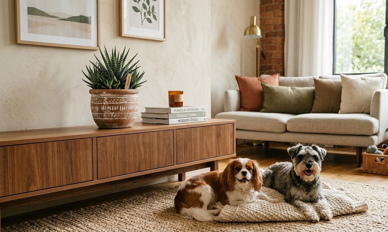 Two dogs relaxing in living room next to haworthia fasciata on sideboard