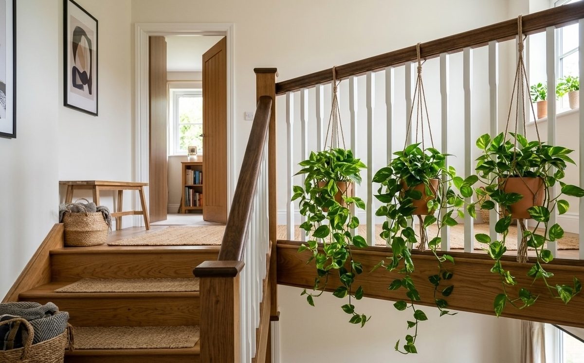 Epipremnum pinnatum in hanging baskets on a staircase railing
