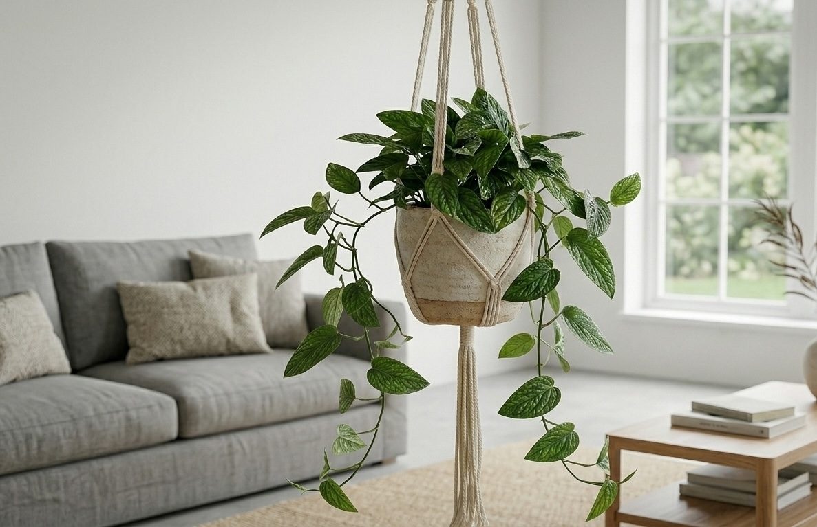 Epipremnum pinnatum in a macramé hanging basket