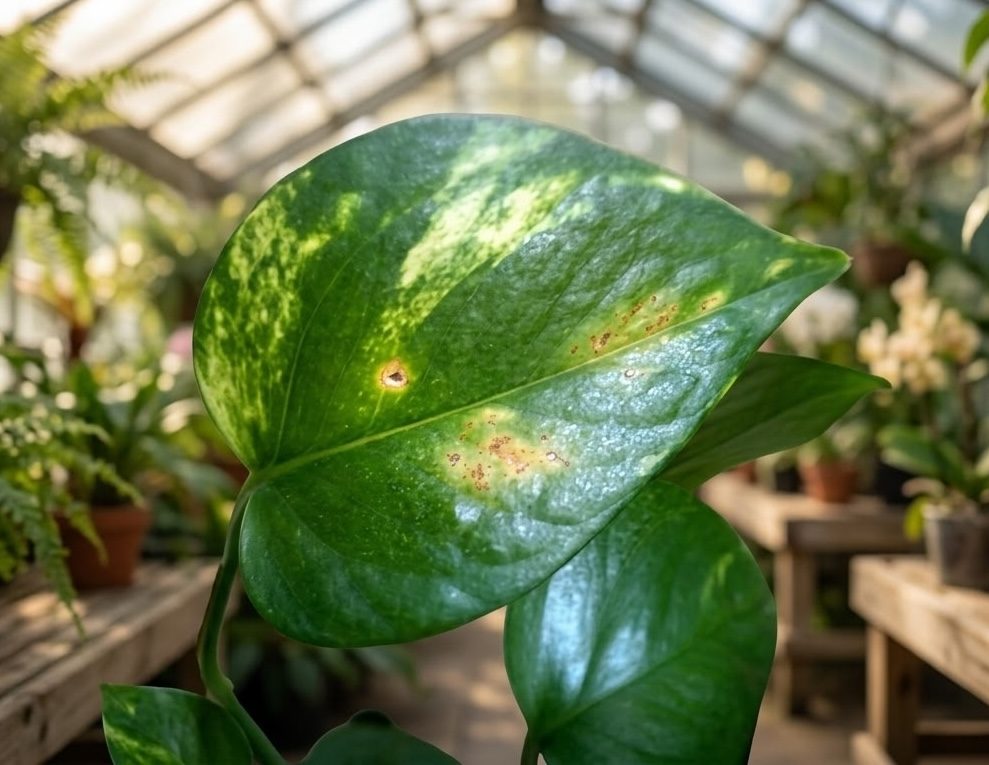 Brown leaf spots on Epipremnum pinnatum — fungal infection or root rot