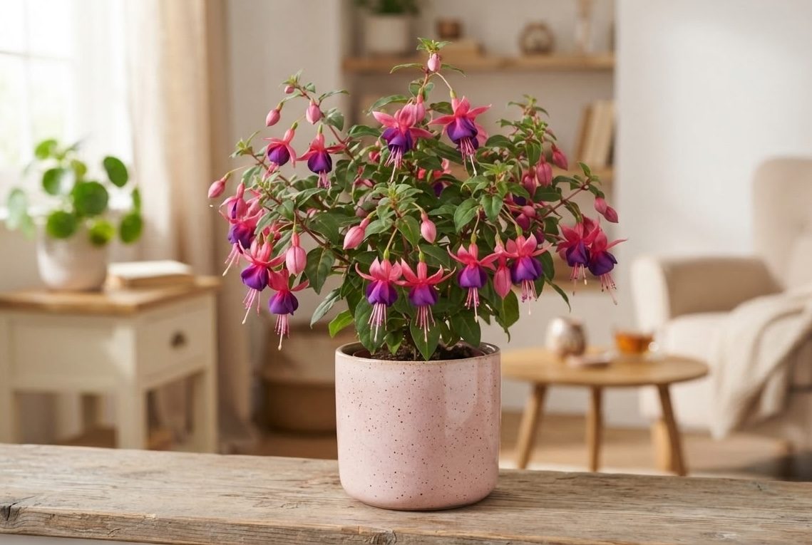 Fuchsia plant with pink and purple blooms in a pink pot in a living room