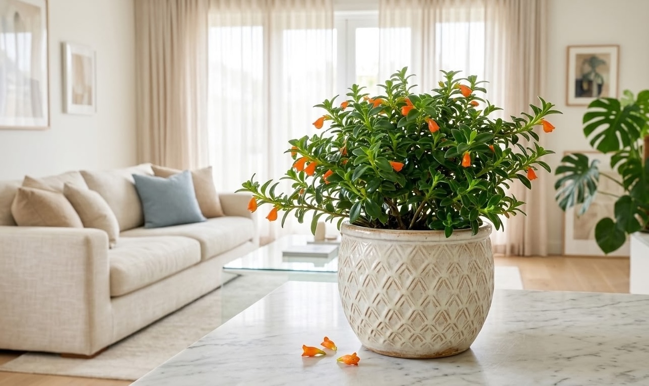 misting a goldfish plant with a copper spray bottle to boost humidity