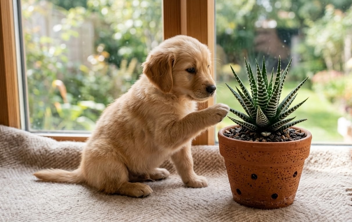 Golden retriever puppy reaching toward haworthia fasciata in terracotta pot