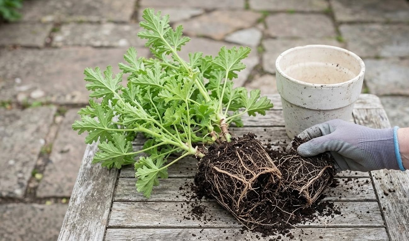 Citronella plant removed from its pot showing a dense healthy root ball beside an empty white planter