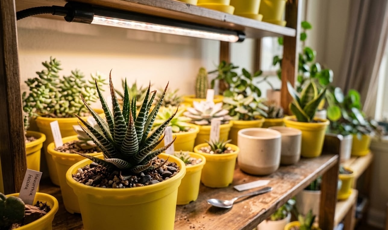 Haworthia fasciata labeled in yellow pot under grow lights on shelf