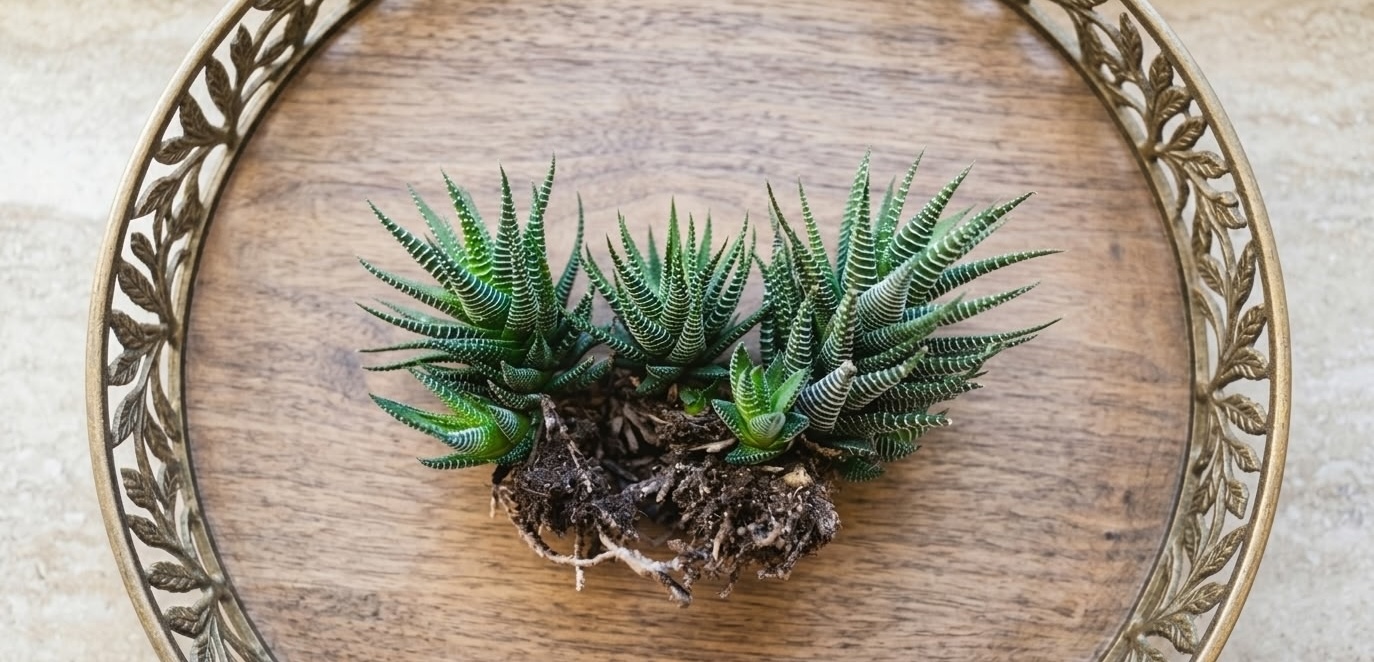 Haworthia fasciata offsets with roots displayed on ornate tray