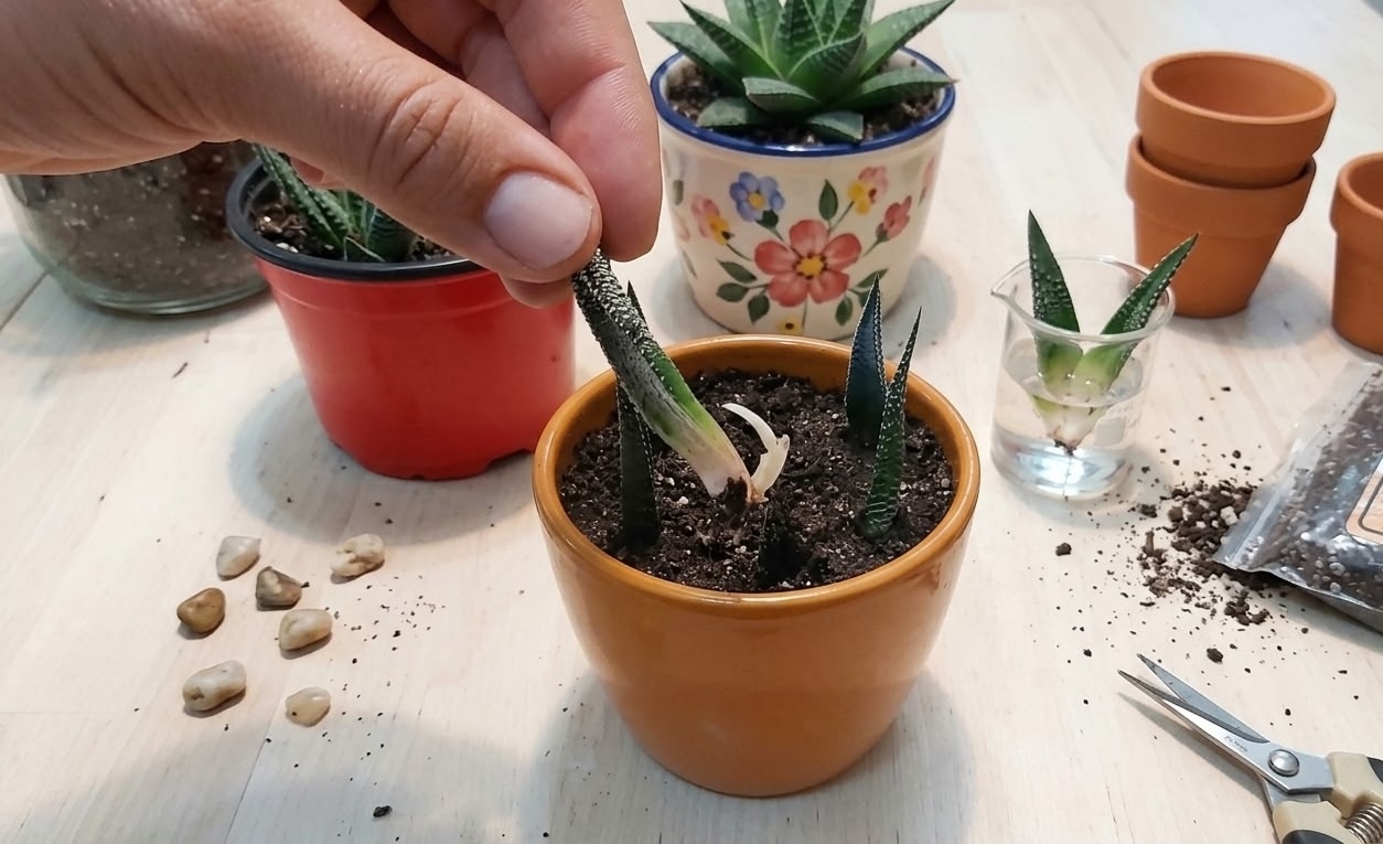 Planting haworthia fasciata offset with rooting in water in background