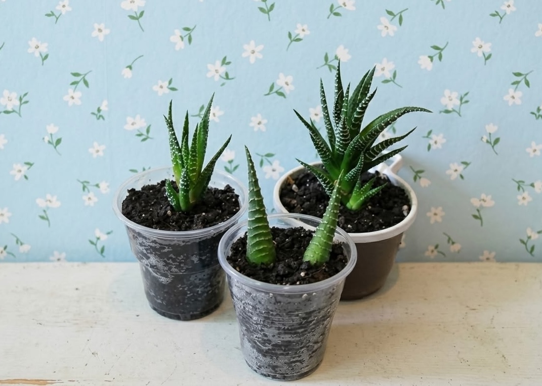Three young haworthia fasciata plants in nursery cups after propagation