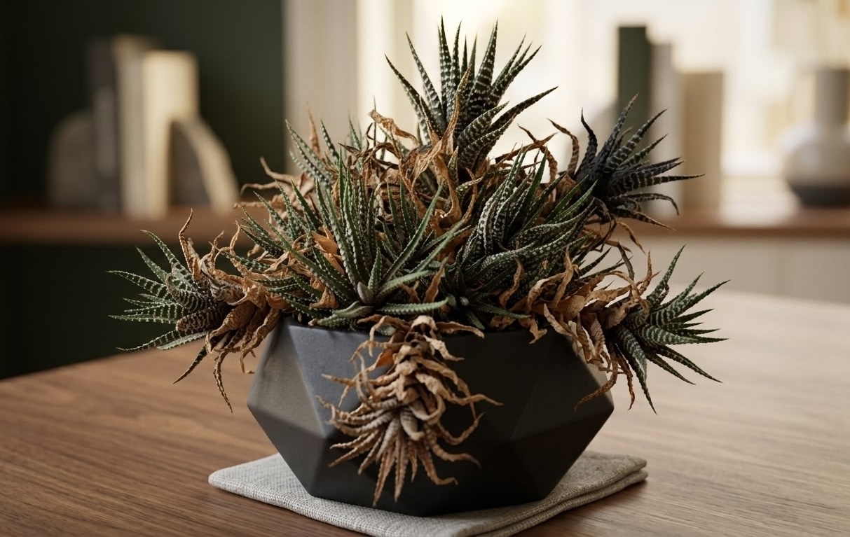 Haworthia fasciata severely damaged by overwatering with shriveled dead leaves