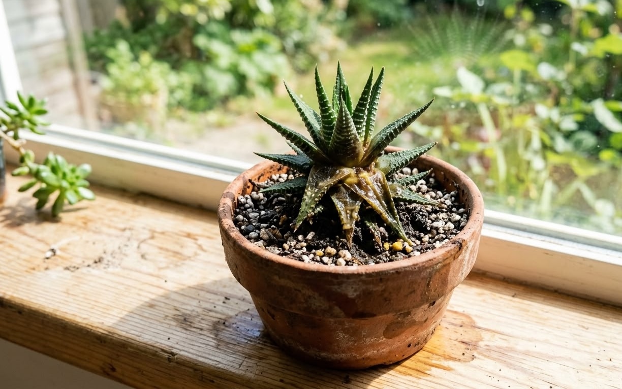 Haworthia fasciata with yellowed mushy lower leaves indicating root rot