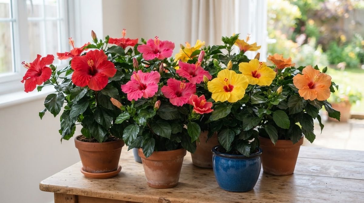 Collection of potted tropical hibiscus plants in red, pink, yellow and orange blooms on a table