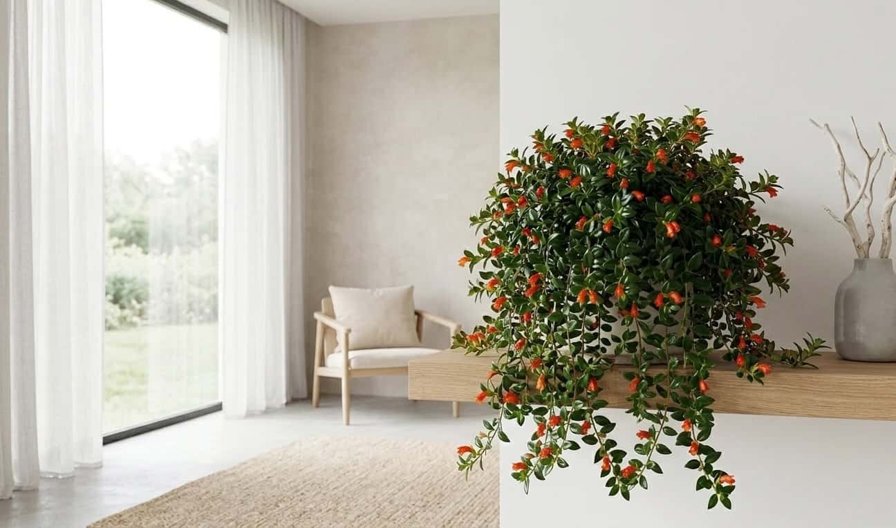goldfish plant in a hanging basket with trailing stems in a cozy reading room