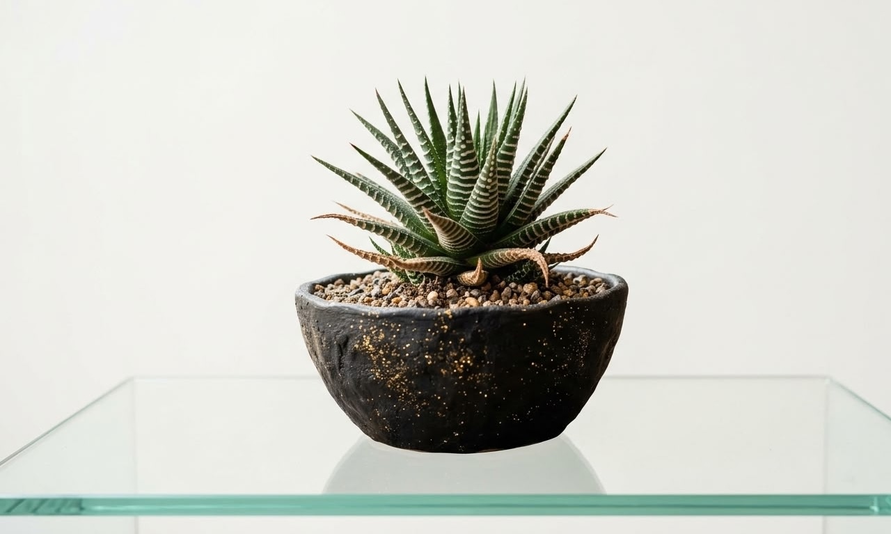 Haworthia fasciata zebra succulent in a dark textured bowl on a glass table — compact rosette with white-banded leaves