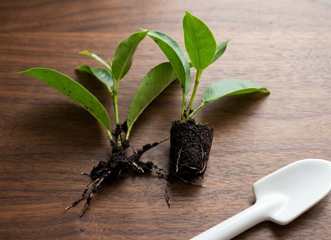 dipladenia stem cuttings with roots showing on wooden table with garden trowel