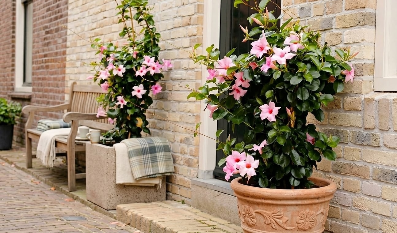 bushy pink dipladenia in terracotta pot by brick wall with wooden bench