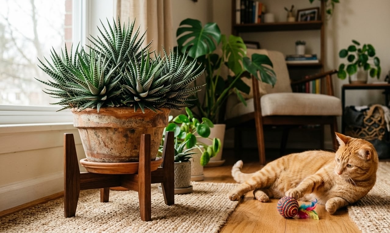 Orange tabby cat playing near large haworthia fasciata in living room