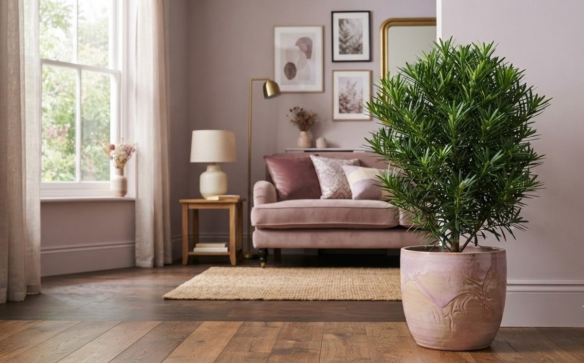 Podocarpus macrophyllus in a decorative pink pot in a living room