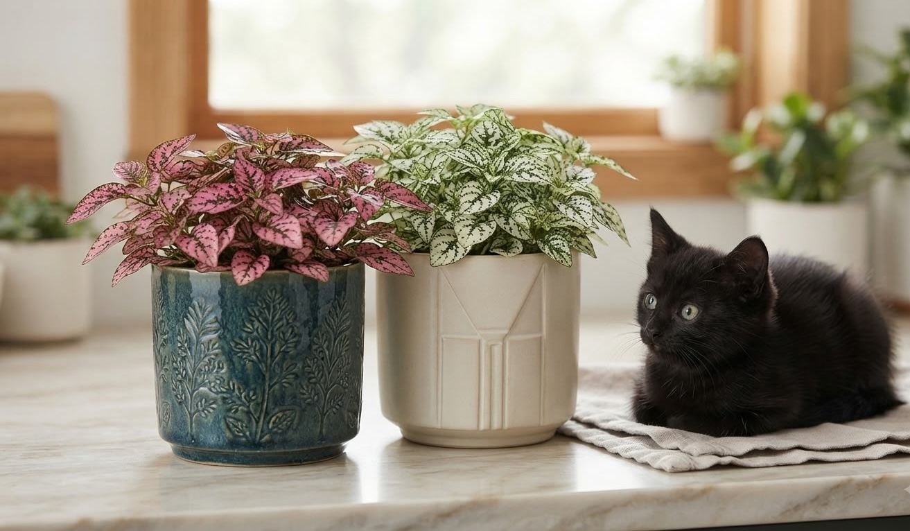 Black kitten sitting next to pink and white polka dot plants on a marble kitchen counter